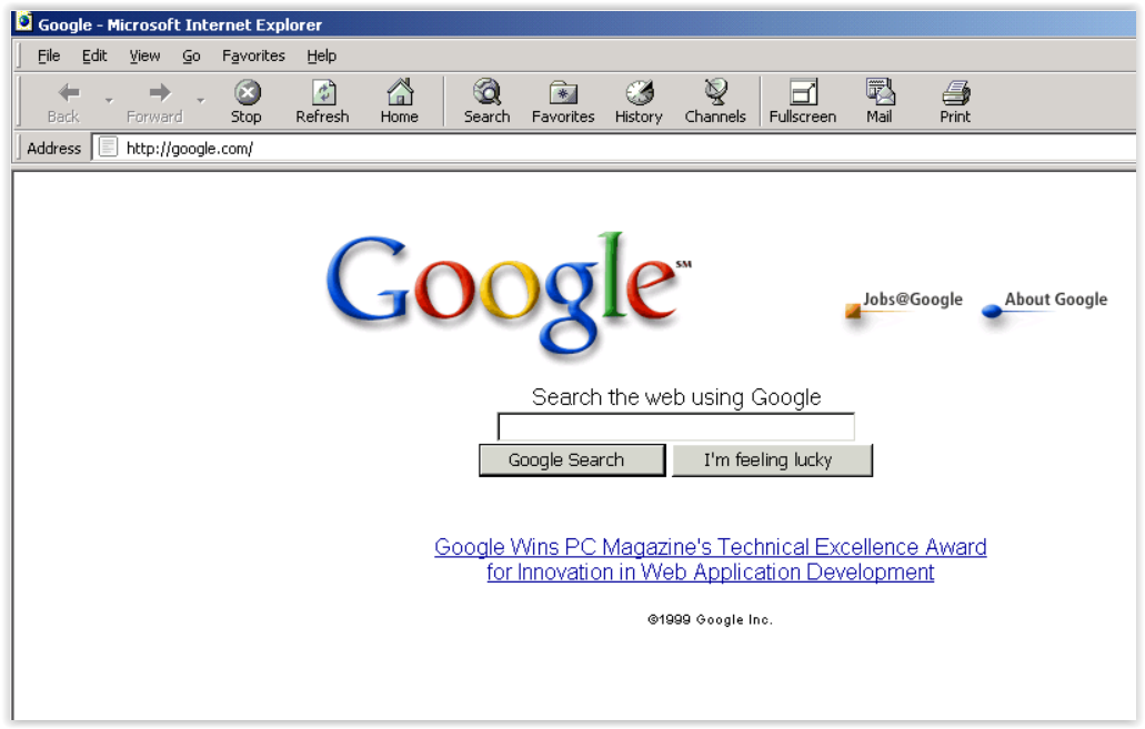 Internet Explorer 4.01 und Google im Jahr 1999 (Quelle: oldweb.today)